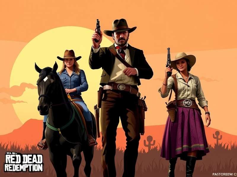 Red Dead Redemption game landscape showing desert, mountains and sunset