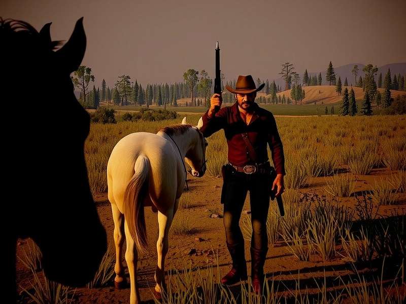 Red Dead Redemption 2 gameplay scene with Arthur Morgan on horseback overlooking a valley