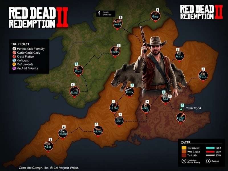 Detailed topographic map of Red Dead Redemption 2 landscape with markers