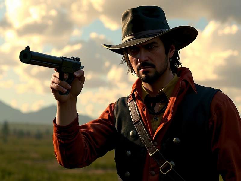 Concept art depicting an older Jack Marston in 1920s America with vintage car and frontier landscape