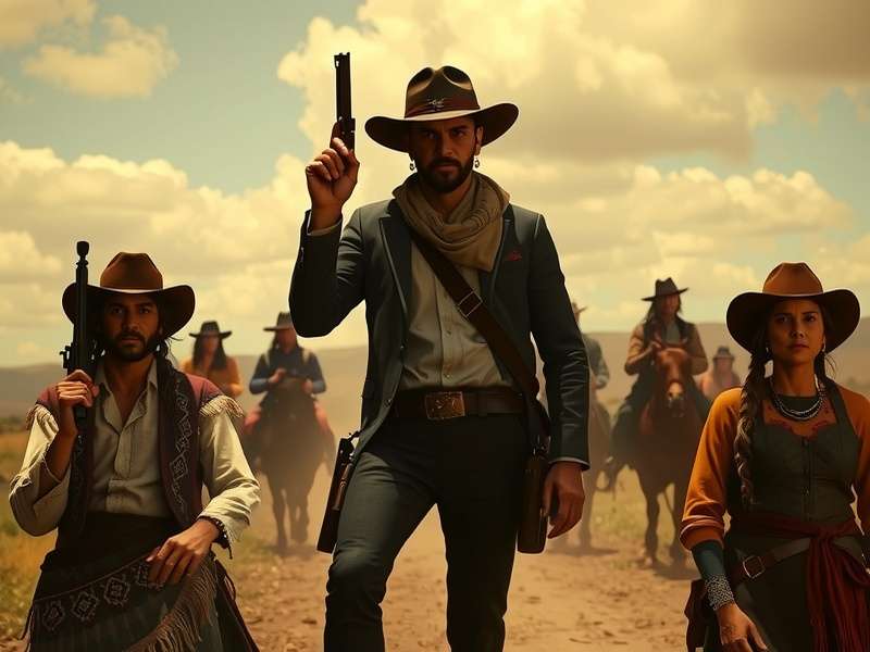 Cowboy looking at a futuristic city silhouette, blending old west and future