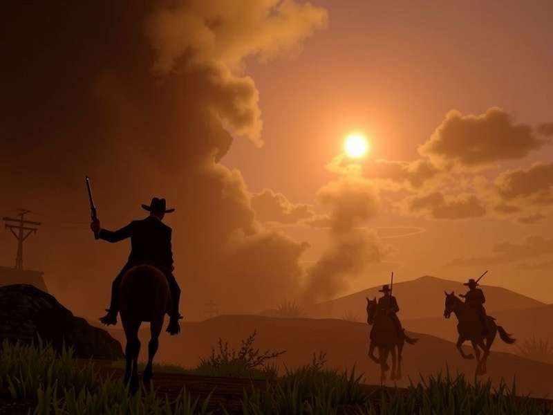 Concept art of a mysterious rider overlooking a vast western valley at dusk