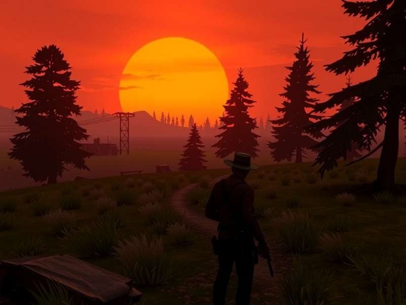A lone horseback rider on a ridge at sunset, evoking the mood of Red Dead Redemption