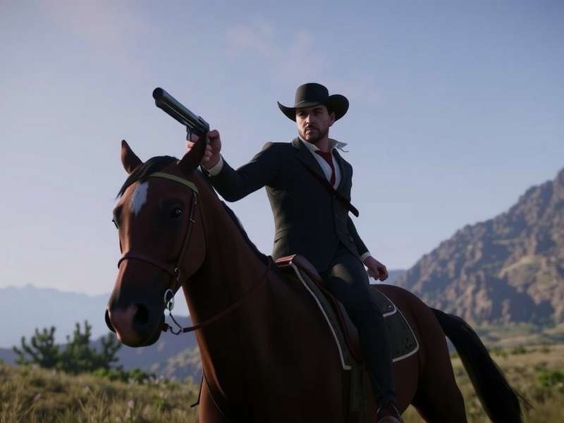 Concept art depicting a lone rider on a cliff overlooking a vast, next-generation western landscape for Red Dead Redemption 3