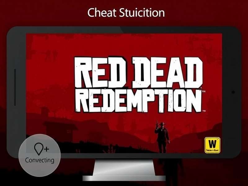 Red Dead Redemption gameplay on mobile phone with cheat code overlay showing cowboy hat and sunset landscape