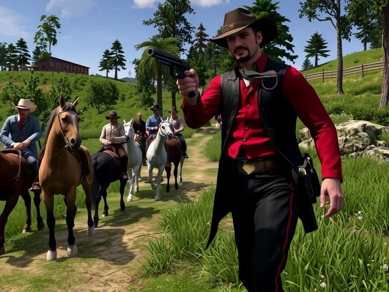 Red Dead Redemption Gameplay – Cowboy riding through the Wild West landscape at sunset