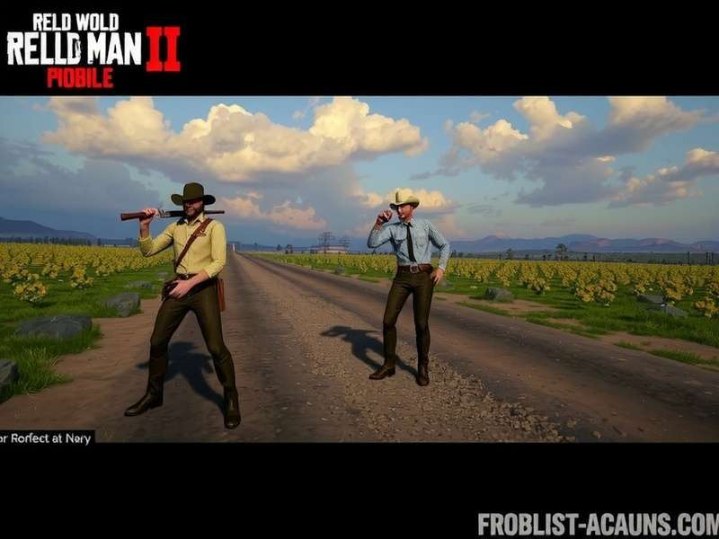 Rdr Mobile gameplay screenshot showing a cowboy on a hilltop at sunset with a mobile phone frame overlay