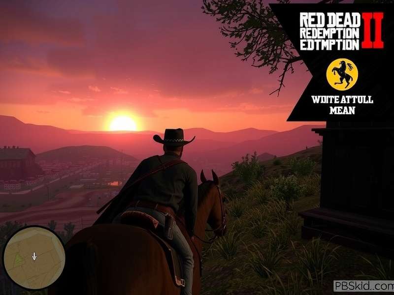 Red Dead Redemption 1 gameplay scene with cowboy on horseback at sunset