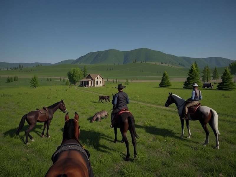Red Dead Redemption 3 conceptual art showing a lone cowboy riding into the sunset across the American frontier