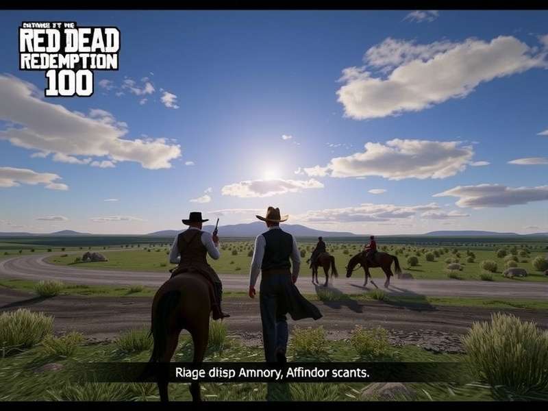 Red Dead Redemption vast open landscape with a rider at sunset