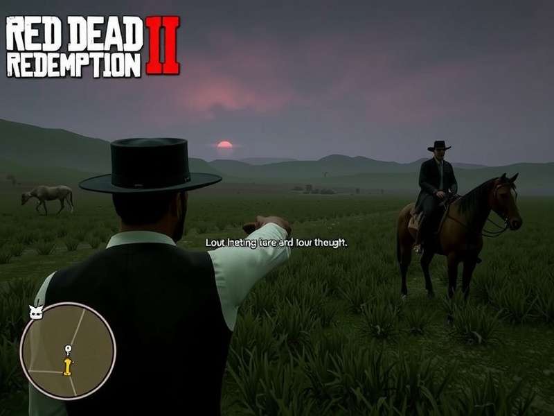 Red Dead Redemption 1 playthrough scene — John Marston riding through the desert at sunset