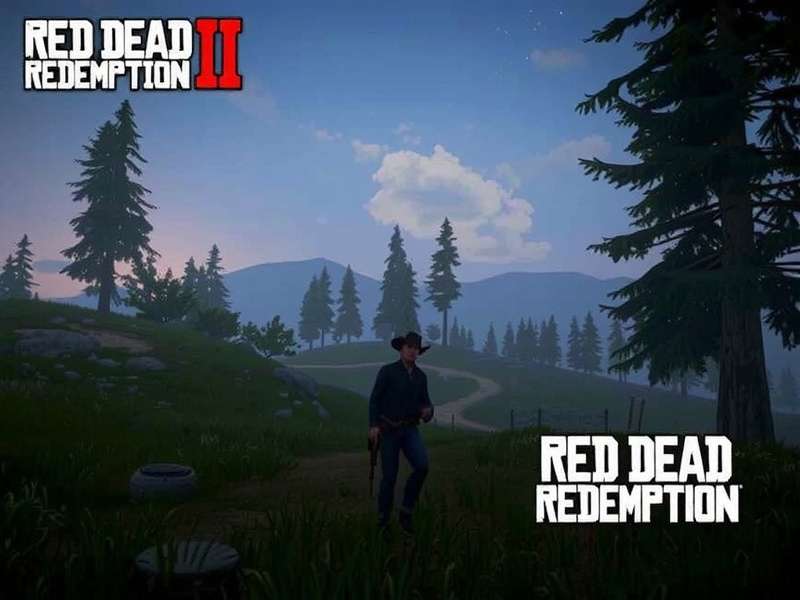 Red Dead Redemption 2 — Arthur Morgan riding through the wilderness at sunset, iconic Wild West landscape