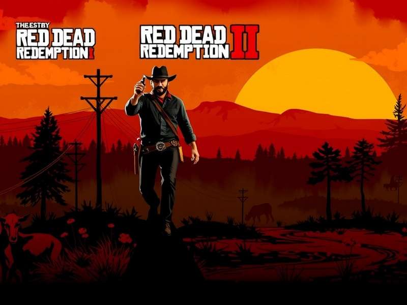 Red Dead Redemption 2 gameplay showcasing a cowboy on horseback at sunset with detailed landscape